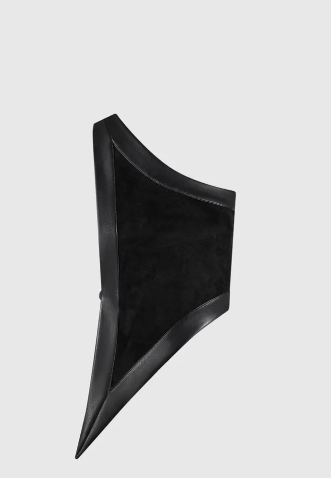 Manire De Voir Tops and T Shirts Manire De Voir Woman Vegan Suede and Leather Asymmetric Backless Top 8211 Black