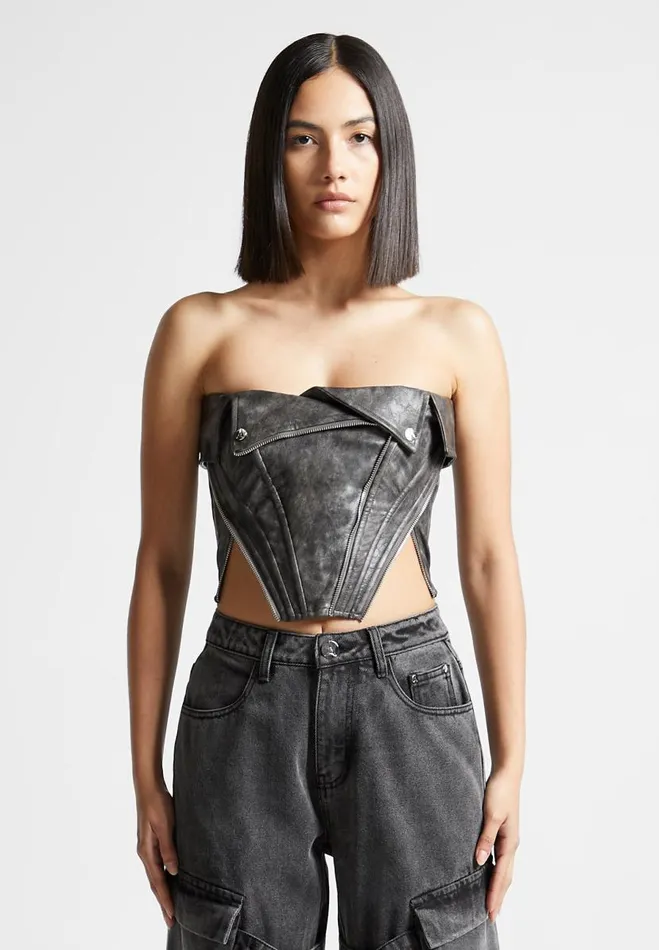 Manire De Voir Tops and T Shirts Manire De Voir Woman Vintage Vegan Leather Biker Corset 8211 Grey Manire De Voir Tops and T Shirts Manire De Voir Woman Vintage Vegan Leather Biker Corset 8211 Grey