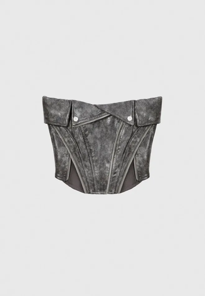 Manire De Voir Tops and T Shirts Manire De Voir Woman Vintage Vegan Leather Biker Corset 8211 Grey