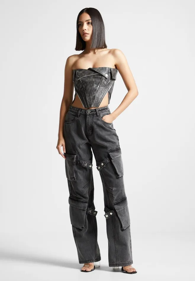 Manire De Voir Tops and T Shirts Manire De Voir Woman Vintage Vegan Leather Biker Corset 8211 Grey