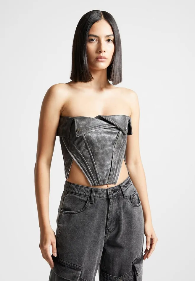 Manire De Voir Tops and T Shirts Manire De Voir Woman Vintage Vegan Leather Biker Corset 8211 Grey
