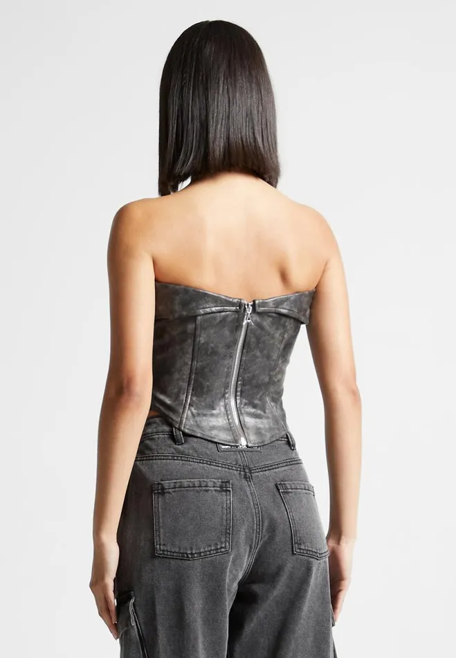 Manire De Voir Tops and T Shirts Manire De Voir Woman Vintage Vegan Leather Biker Corset 8211 Grey