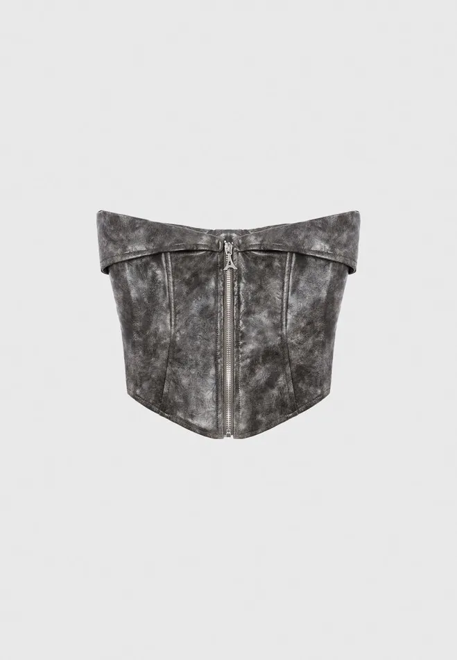 Manire De Voir Tops and T Shirts Manire De Voir Woman Vintage Vegan Leather Biker Corset 8211 Grey