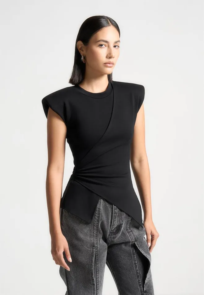 Manire De Voir Tops and T Shirts Manire De Voir Woman Wide Shoulder Ruched Waist Top 8211 Black Manire De Voir Tops and T Shirts Manire De Voir Woman Wide Shoulder Ruched Waist Top 8211 Black