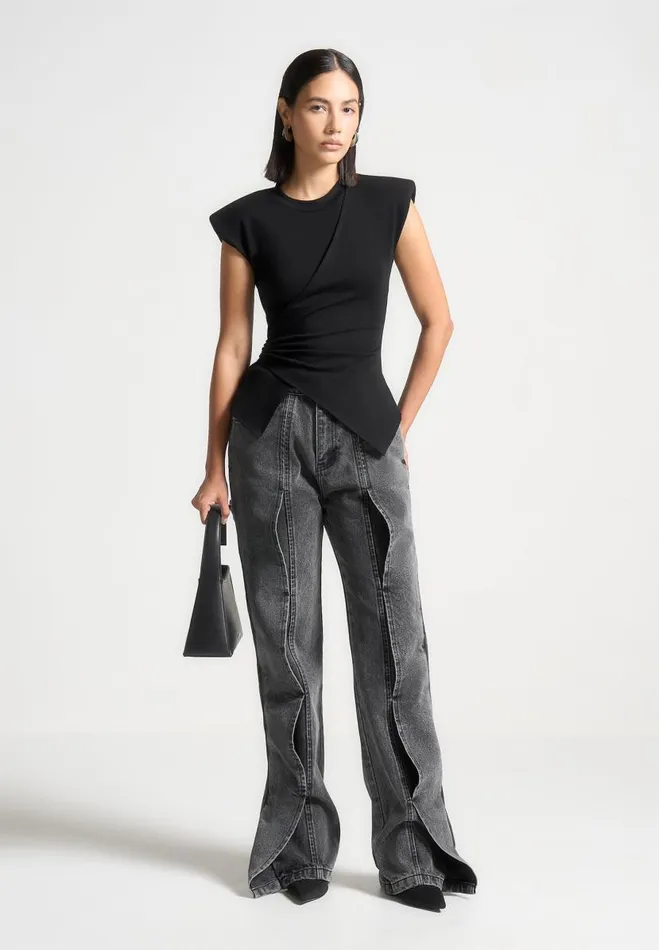 Manire De Voir Tops and T Shirts Manire De Voir Woman Wide Shoulder Ruched Waist Top 8211 Black