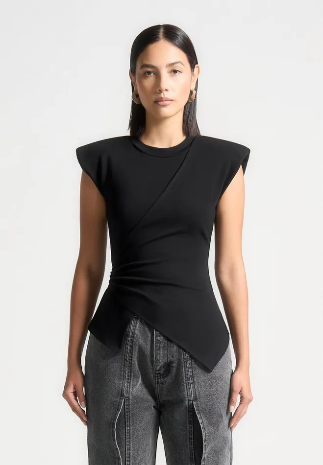 Manire De Voir Tops and T Shirts Manire De Voir Woman Wide Shoulder Ruched Waist Top 8211 Black