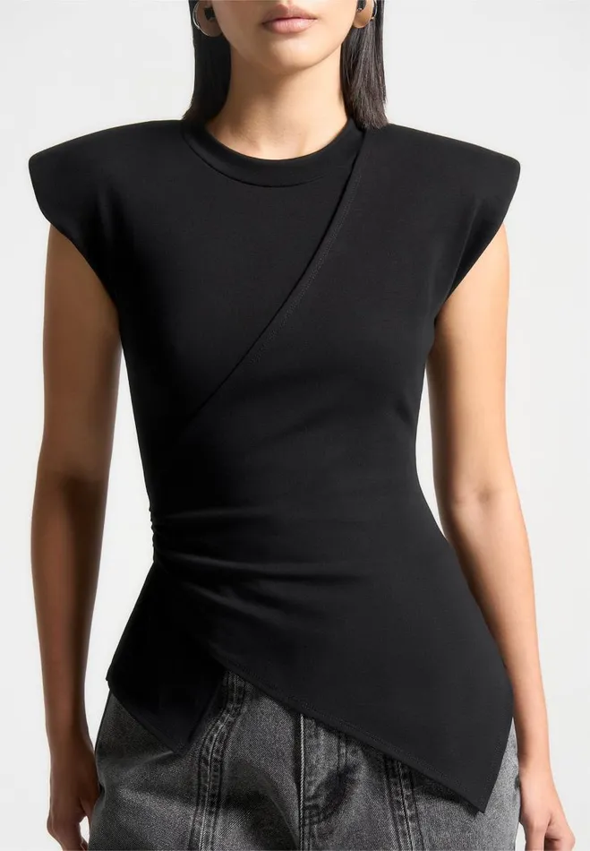 Manire De Voir Tops and T Shirts Manire De Voir Woman Wide Shoulder Ruched Waist Top 8211 Black