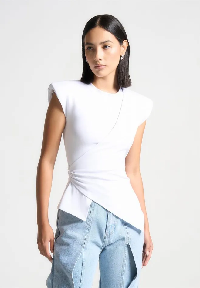 Manire De Voir Tops and T Shirts Manire De Voir Woman Wide Shoulder Ruched Waist Top 8211 White Manire De Voir Tops and T Shirts Manire De Voir Woman Wide Shoulder Ruched Waist Top 8211 White