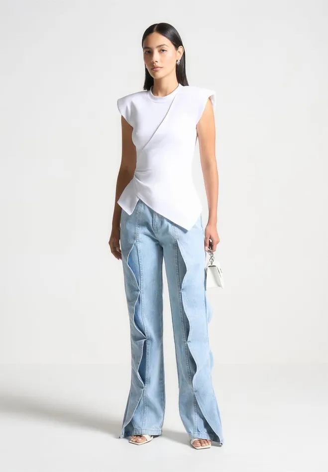 Manire De Voir Tops and T Shirts Manire De Voir Woman Wide Shoulder Ruched Waist Top 8211 White