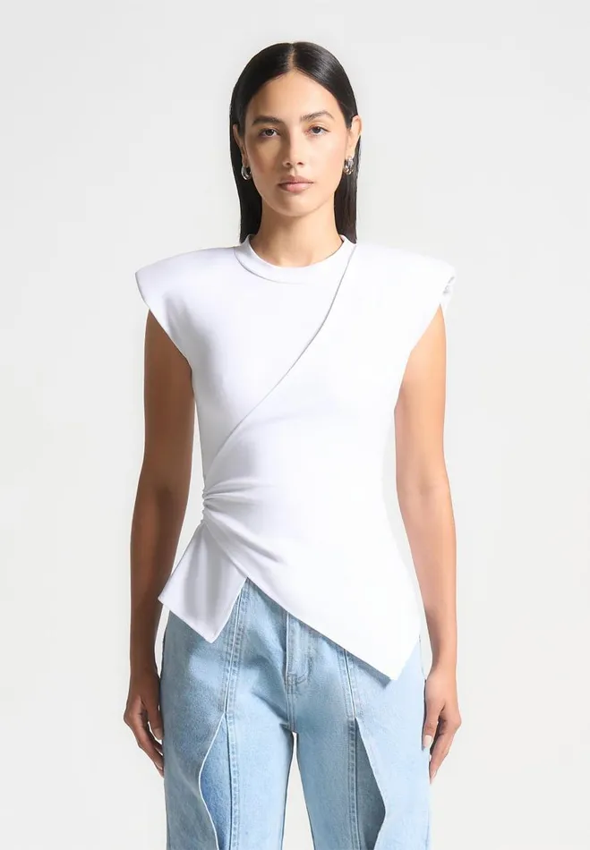 Manire De Voir Tops and T Shirts Manire De Voir Woman Wide Shoulder Ruched Waist Top 8211 White