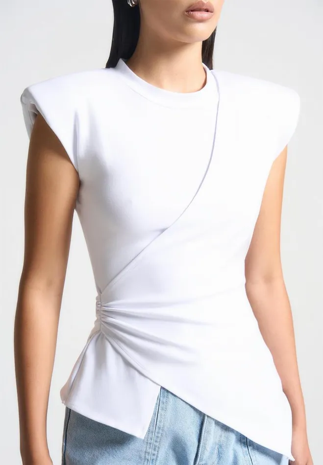 Manire De Voir Tops and T Shirts Manire De Voir Woman Wide Shoulder Ruched Waist Top 8211 White