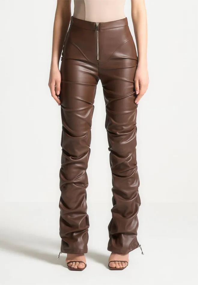 Manire De Voir Trousers Manire De Voir Woman Tacked Vegan Leather Flared Trousers 8211 Chocolate Brown