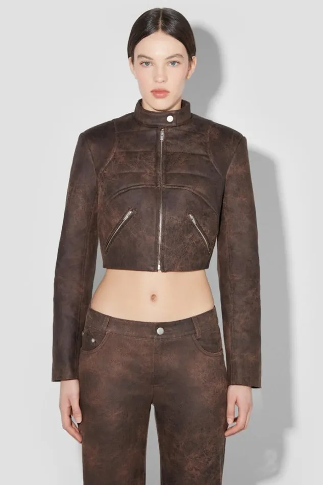 Outerwear Women MISBHV Cracked Faux Leather Cropped Moto Jacket Brown
