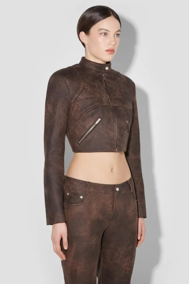 Outerwear Women MISBHV Cracked Faux Leather Cropped Moto Jacket Brown