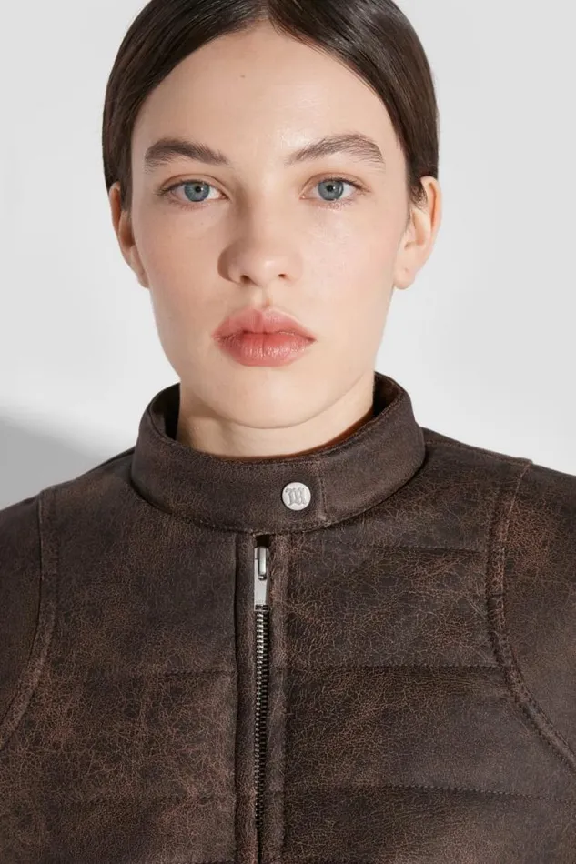 Outerwear Women MISBHV Cracked Faux Leather Cropped Moto Jacket Brown