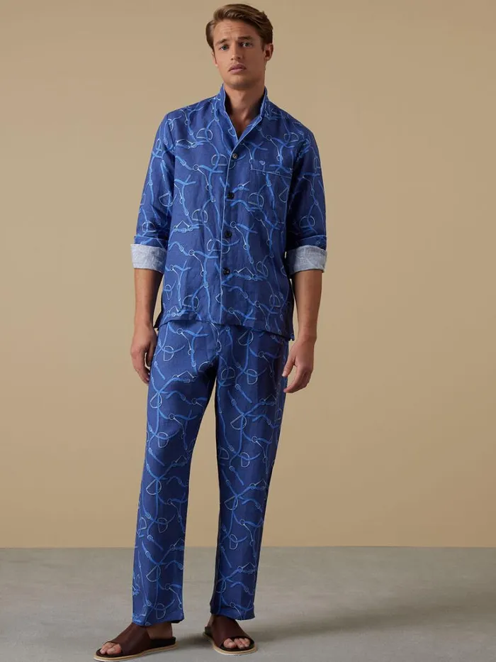 Pajamas and Loungewear Mens Paul Stuart Linen Equestrian Print Pajama Indigo