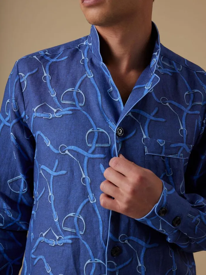 Pajamas and Loungewear Mens Paul Stuart Linen Equestrian Print Pajama Indigo