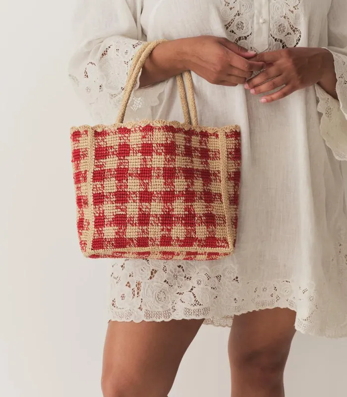 PETITE MATHILDE BAG Red Gingham Raffia Shop DEN Bags