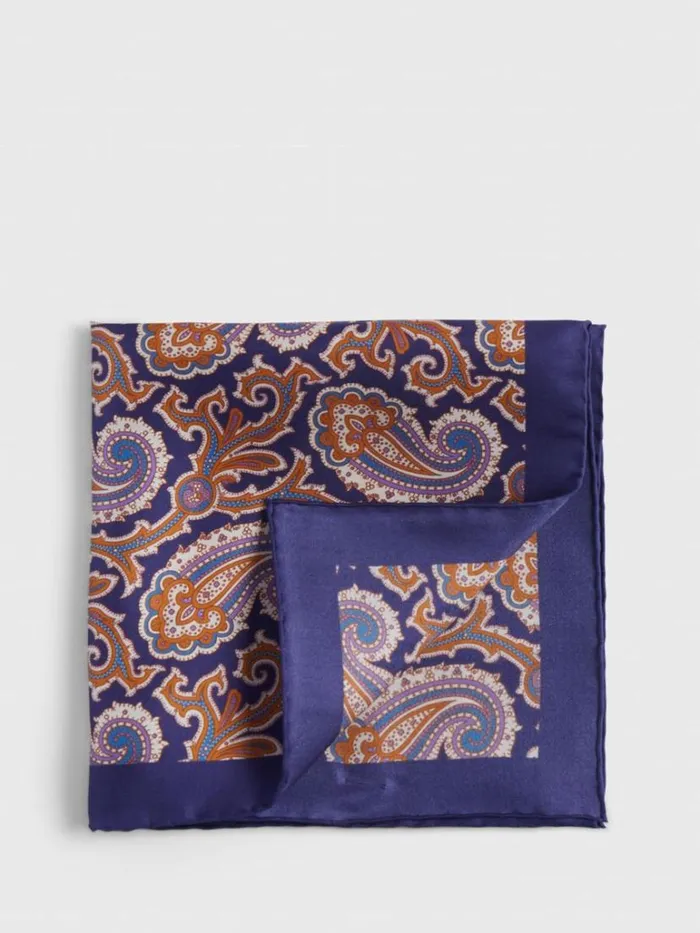 Pocket Squares Mens Paul Stuart Printed Silk Paisley Pocket Square Navy