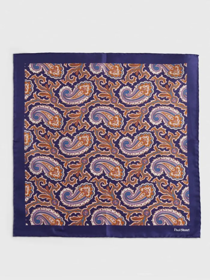 Pocket Squares Mens Paul Stuart Printed Silk Paisley Pocket Square Navy