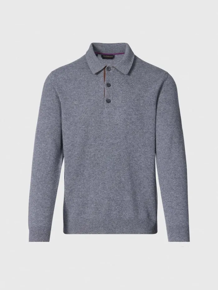 Polos and TShirts Mens Paul Stuart Cashmere Long Sleeve Polo With Suede Blueolive