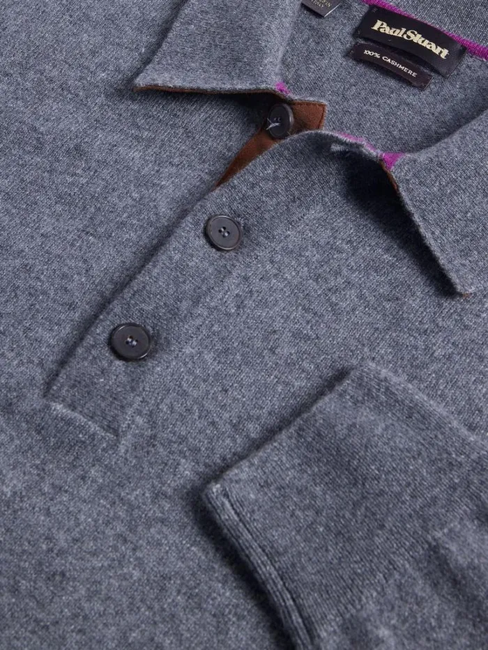 Polos and TShirts Mens Paul Stuart Cashmere Long Sleeve Polo With Suede Blueolive