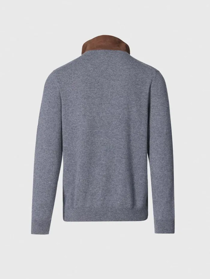 Polos and TShirts Mens Paul Stuart Cashmere Long Sleeve Polo With Suede Blueolive