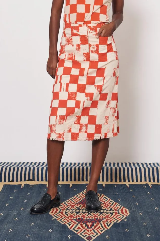 Raquel Allegra Bottoms Women Check Tencel Twill Camel And Tomato Durban Midi Skirt