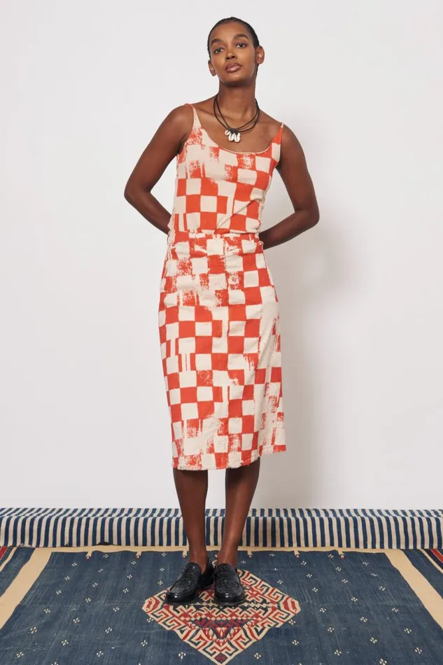 Raquel Allegra Bottoms Women Check Tencel Twill Camel And Tomato Durban Midi Skirt