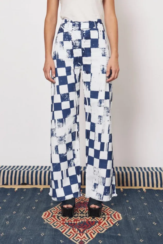 Raquel Allegra Bottoms Women Check Tencel Twill Ice Blue and Midnight Tripoli Pant