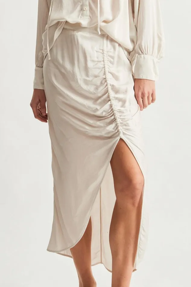 Raquel Allegra Bottoms Women Pebble Satin Dirty White Pretoria Midi Skirt