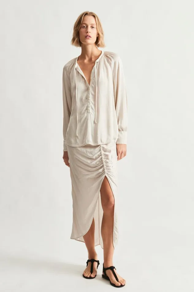 Raquel Allegra Bottoms Women Pebble Satin Dirty White Pretoria Midi Skirt