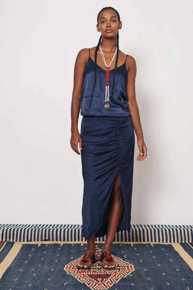 Raquel Allegra Bottoms Women Pebble Satin Midnight Pretoria Midi Skirt