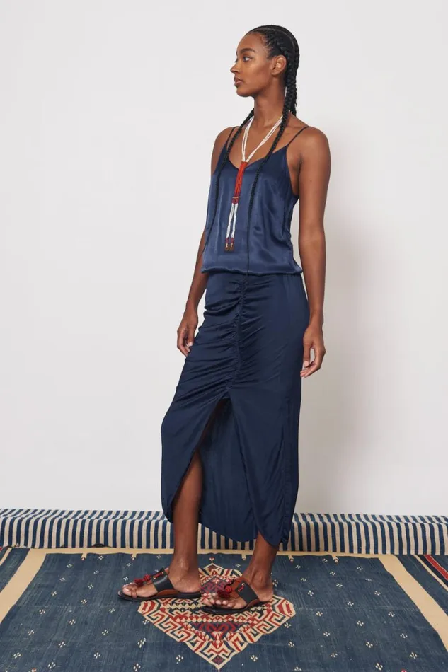 Raquel Allegra Bottoms Women Pebble Satin Midnight Pretoria Midi Skirt