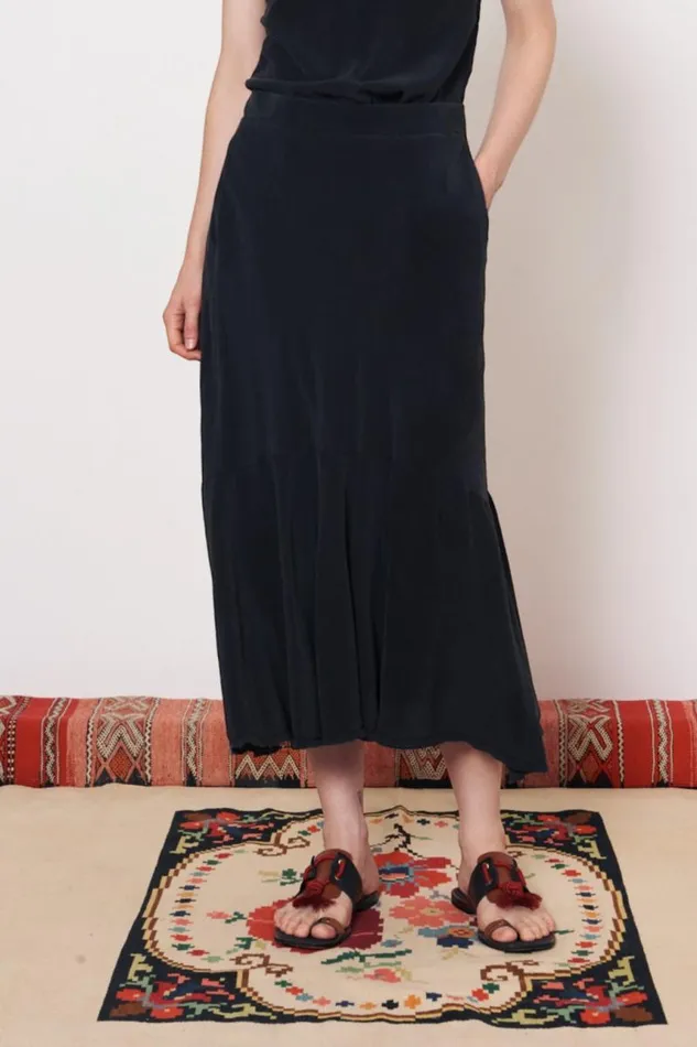 Raquel Allegra Bottoms Women Silk Black Frida Midi Skirt