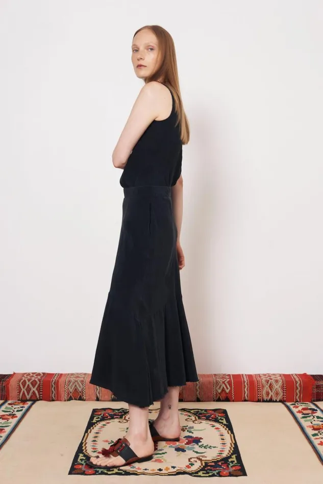 Raquel Allegra Bottoms Women Silk Black Frida Midi Skirt