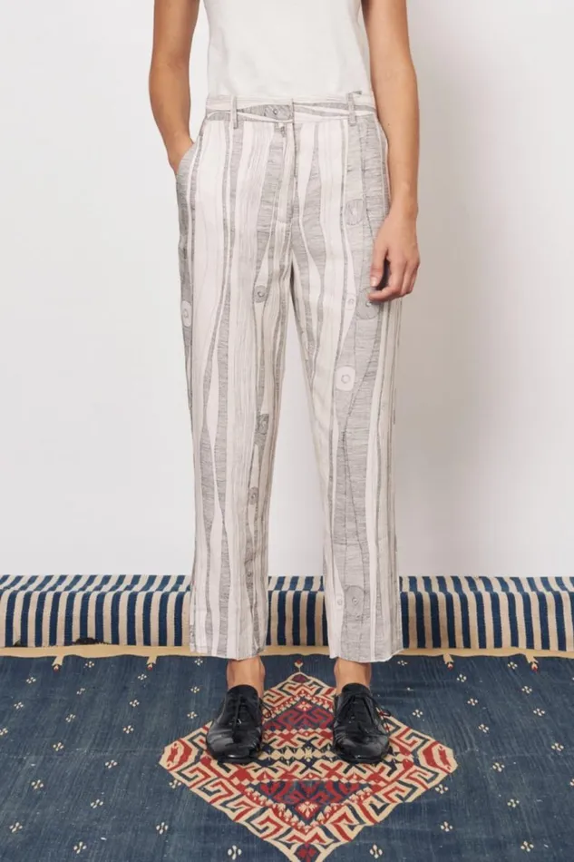 Raquel Allegra Bottoms Women Silk Linen Dirty White Black Print Narobi Pant