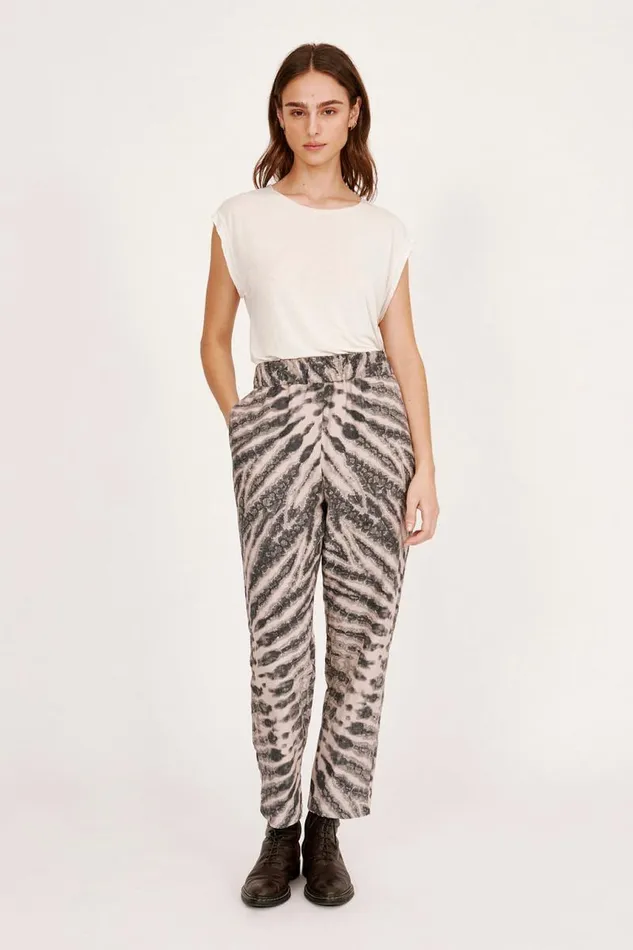 Raquel Allegra Bottoms Women Treatment Print Khaki and Charcoal Fez Pant