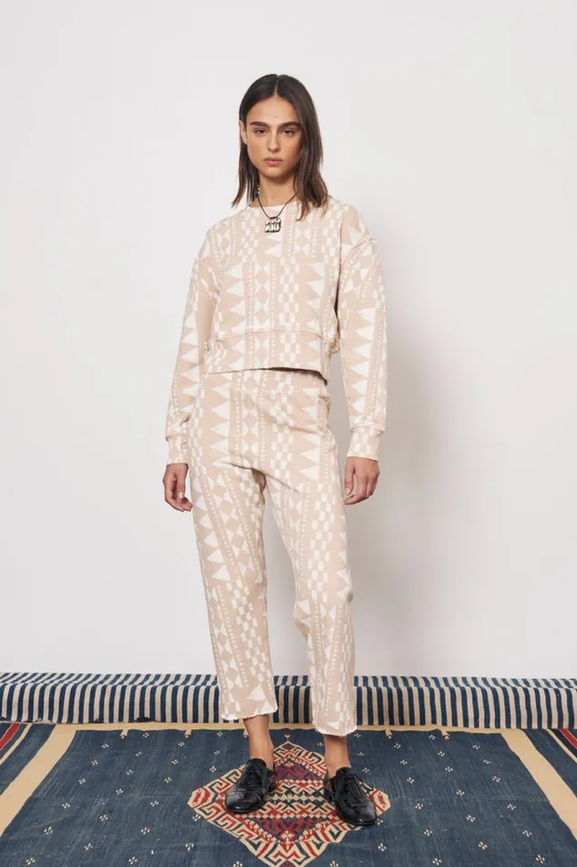 Raquel Allegra Bottoms Women Tribal Geo Camel and Dirty White Cape Sweatpant