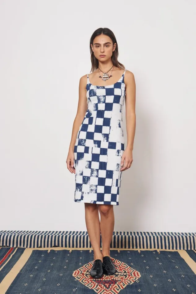 Raquel Allegra Dresses Women Check Ice Blue And Midnight Dakar Tank Dress