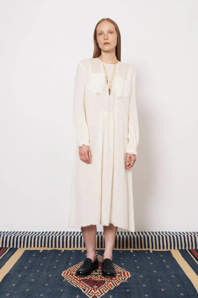 Raquel Allegra Dresses Women Gauze and Cotton Sateen Dirty White Malia Midi Dress Raquel Allegra Dresses Women Gauze and Cotton Sateen Dirty White Malia Midi Dress