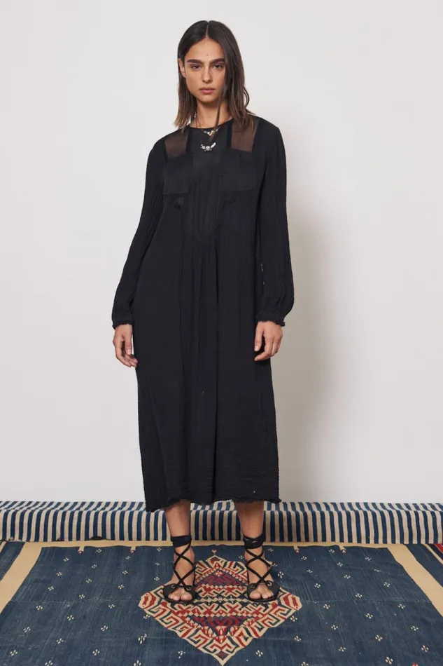 Raquel Allegra Dresses Women Gauze and Cotton Sateen Faded Black Malia Midi Dress