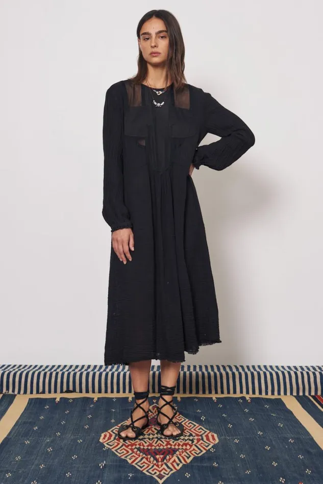 Raquel Allegra Dresses Women Gauze and Cotton Sateen Faded Black Malia Midi Dress