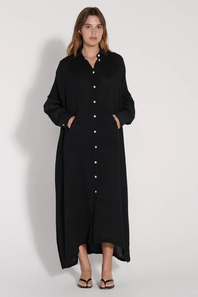 Raquel Allegra Dresses Women Gauze Black Caftan Dress
