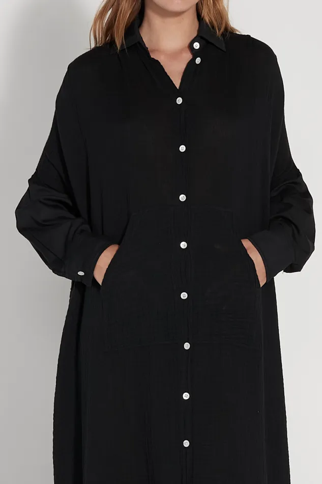 Raquel Allegra Dresses Women Gauze Black Caftan Dress
