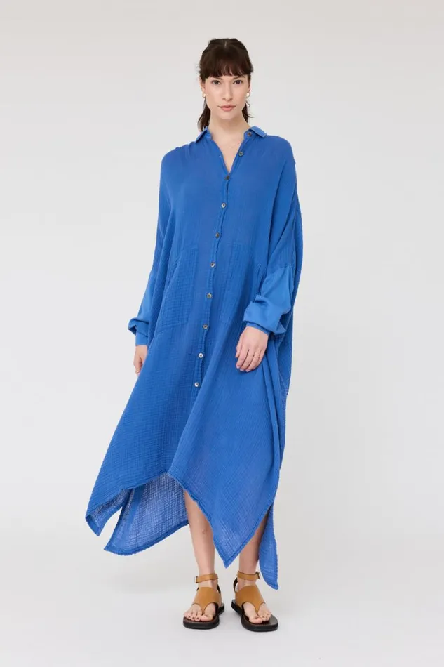 Raquel Allegra Dresses Women Gauze Dusty Blue Caftan Dress