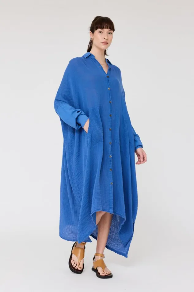 Raquel Allegra Dresses Women Gauze Dusty Blue Caftan Dress