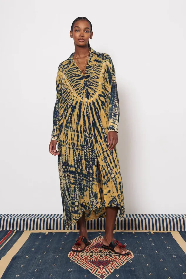 Raquel Allegra Dresses Women Gauze Yellow And Navy Caftan Shirt Dress
