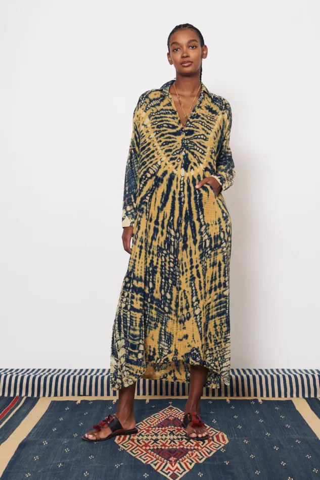 Raquel Allegra Dresses Women Gauze Yellow And Navy Caftan Shirt Dress