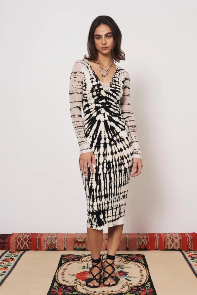 Raquel Allegra Dresses Women Mesh Black And Dirty White Long Sleeve Poppy Midi Dress